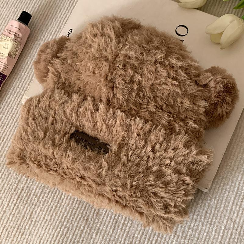 Cute bear wool hat women's winter high-end plush warm fluffy autumn and winter big head circumference knitted hat