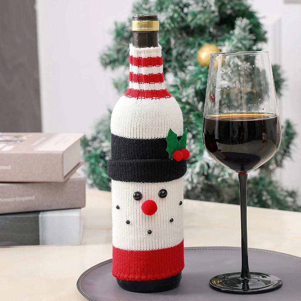 Christmas Cute Wine Bottle Cover Cartoon Santa Snowman Woven Wine Bottle Bags for Christmas Party Dinner Table Decorations