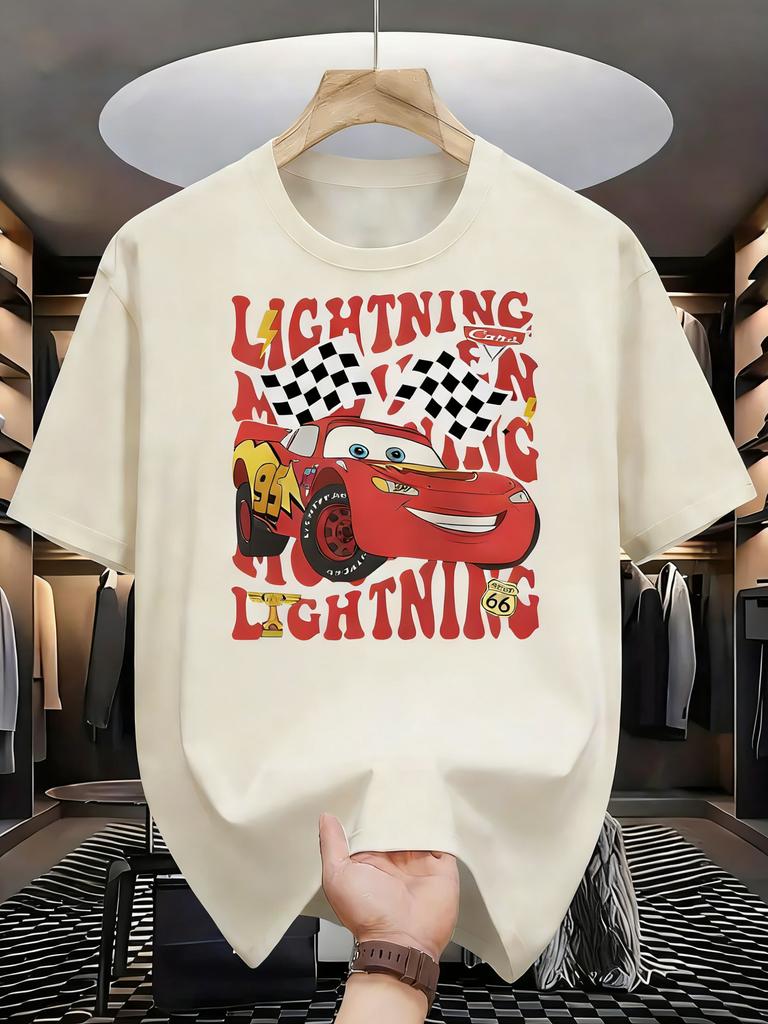 Oversized Disney Cars McQueen Printed Tshirt Men and Women 2026 Summer Cotton Parent Child Top Street Fashion Casual Trend
