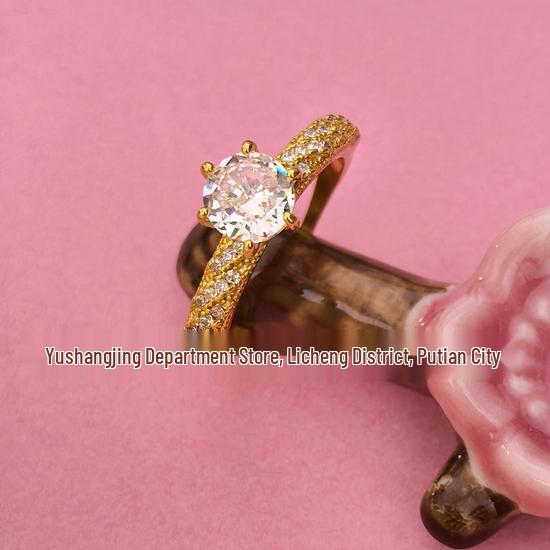 Elegant European & American Cable Knit Zircon Six-Prong Diamond Women's Gold-Plated Ring