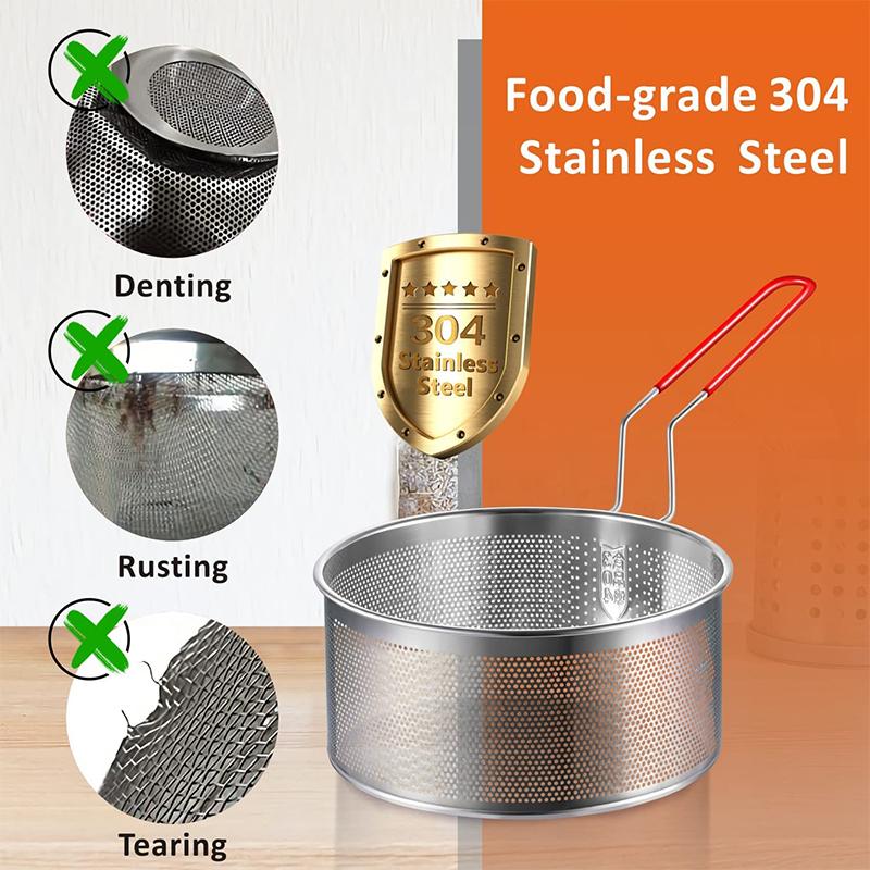 LMETJMA Deep Fryer Basket Round Stainless Steel Fry Baskets With Silicone Handle and Resting Hook for French Chips JT96