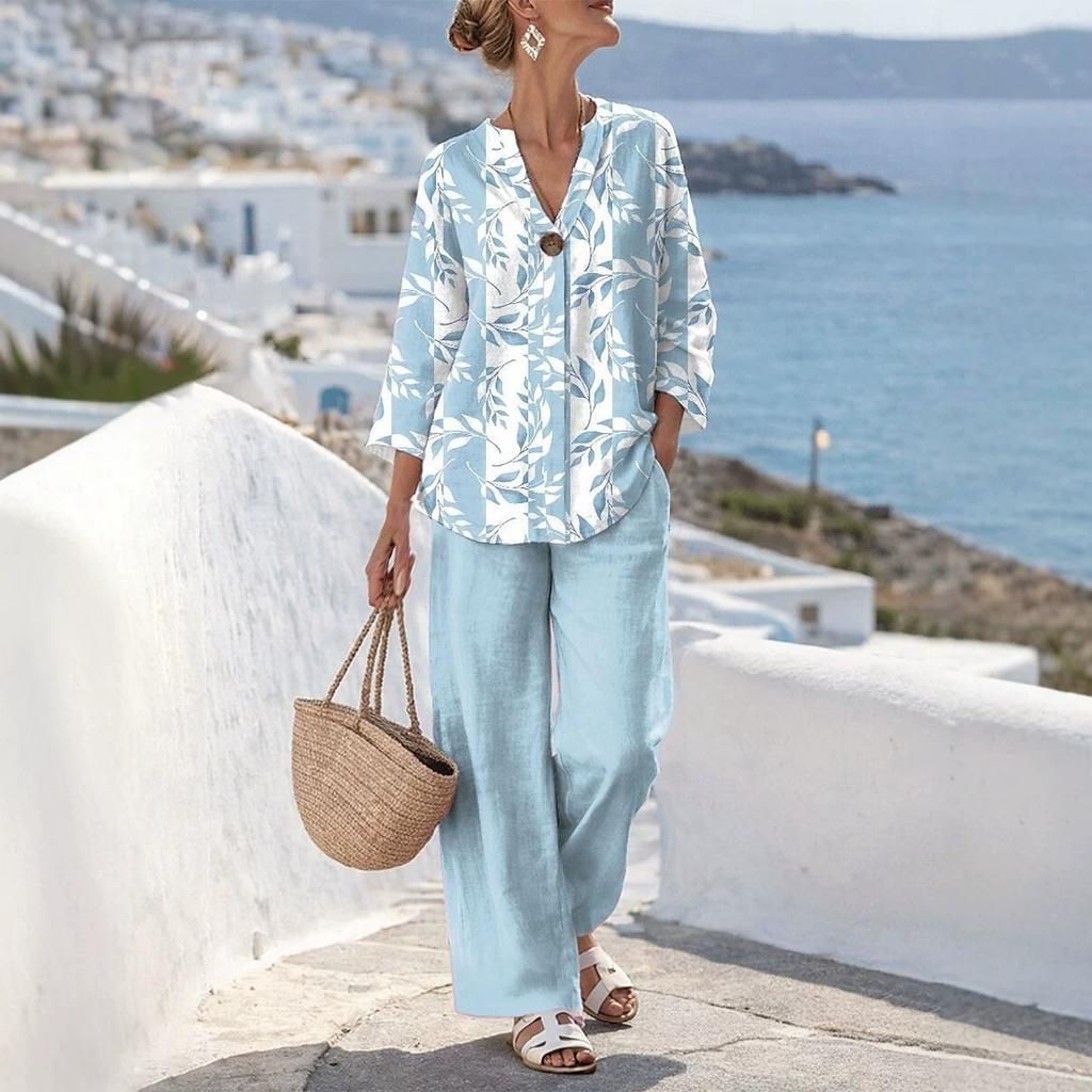 Hot-selling women's suit large size loose V-neck printed shirt summer casual vacation wear two-piece suit women