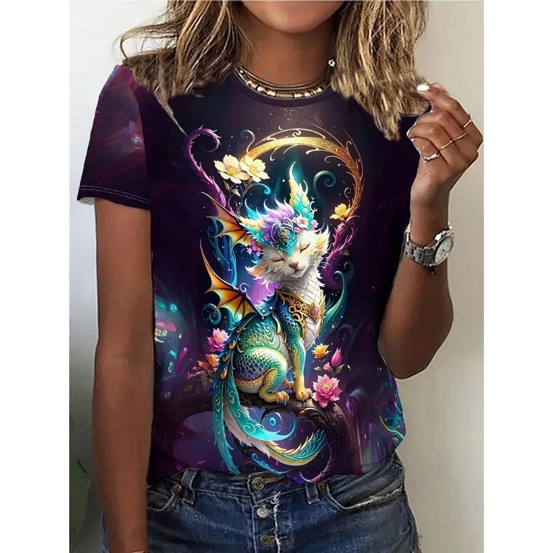 Letní dámské tričko s kulatým výstřihem a 3D potiskem zvířat, módní ležérní s krátkým rukávem