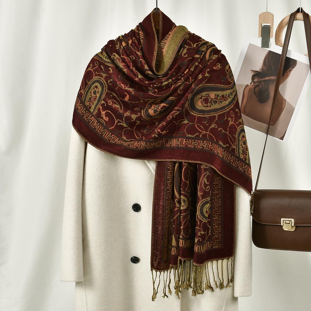 New Cashew Flower Embroidered Ethnic Style Polyester Long Scarf Classic Versatile Jacquard Tassel Women's Shawl Scarf