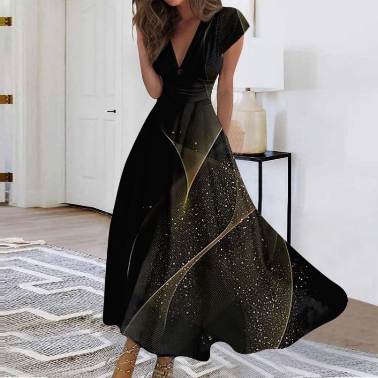 

Элегантное женское повседневное платье макси, длинное шифоновое платье с расклешенной юбкой, V-образным вырезом, оборками и короткими рукавами, для улицы, на каждый день, для свиданий, зрелое платье XXXL чёрный