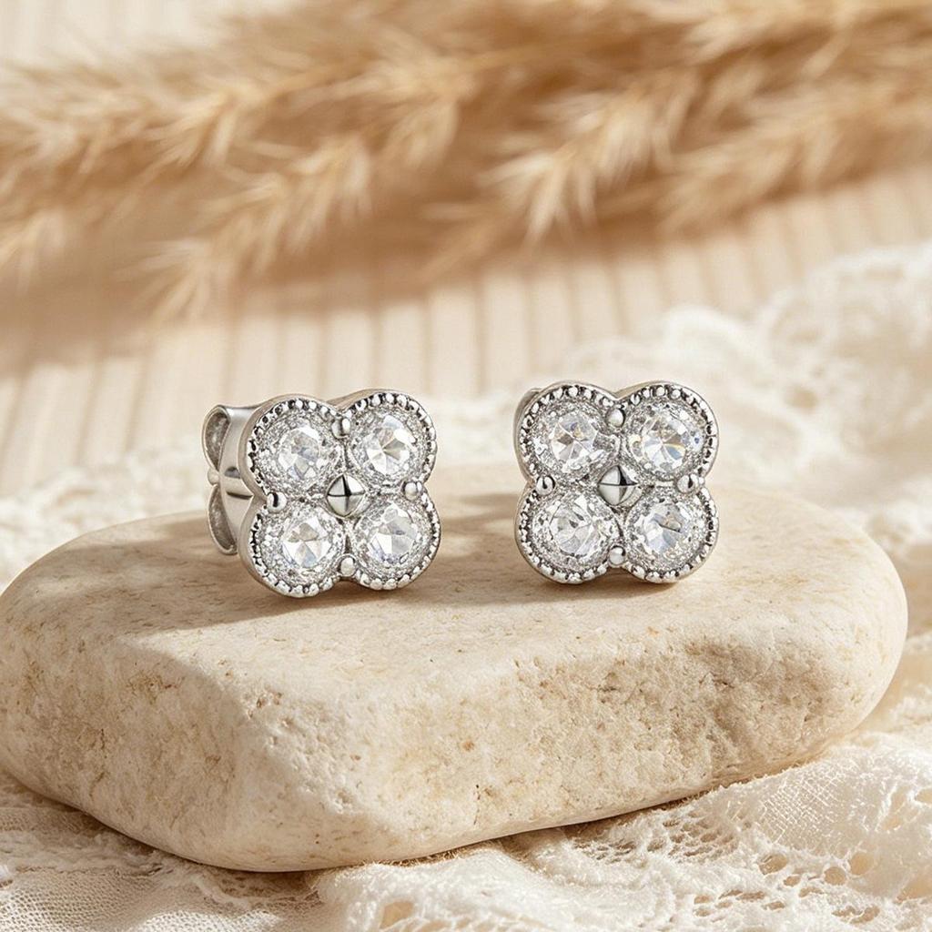 S925 Four-Leaf Clover Stud Earrings with High-Quality Diamond Inlay - Elegant and Versatile Design