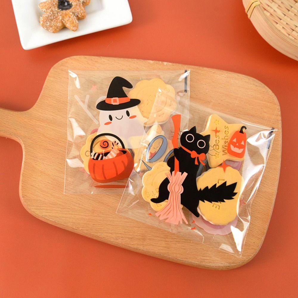 100PCS Self-adhesive Halloween Plastic Candy Pouch Pumpkin Halloween Biscuit Gift Bag   Party