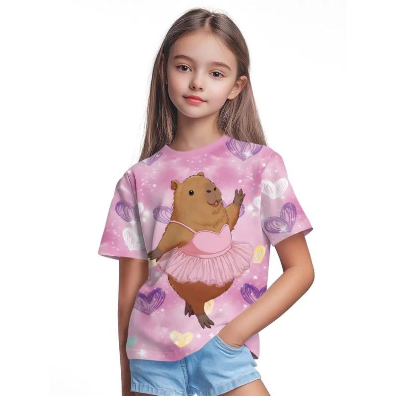 T-Shirts for Girls Fashion Capybara Children Clothes Summer Girls Clothes 7 To 8 Years Tops Cute Cartoon Print Tee Child T-Shirt