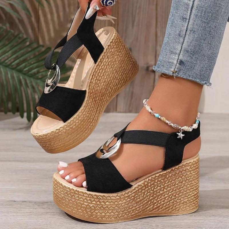 

Fashion 2025 Summer New Women s Open Toe Sandals Fashion Metal Decoration Plus Size Elastic Band Sandals Dress & Casual Wedges Platform 35