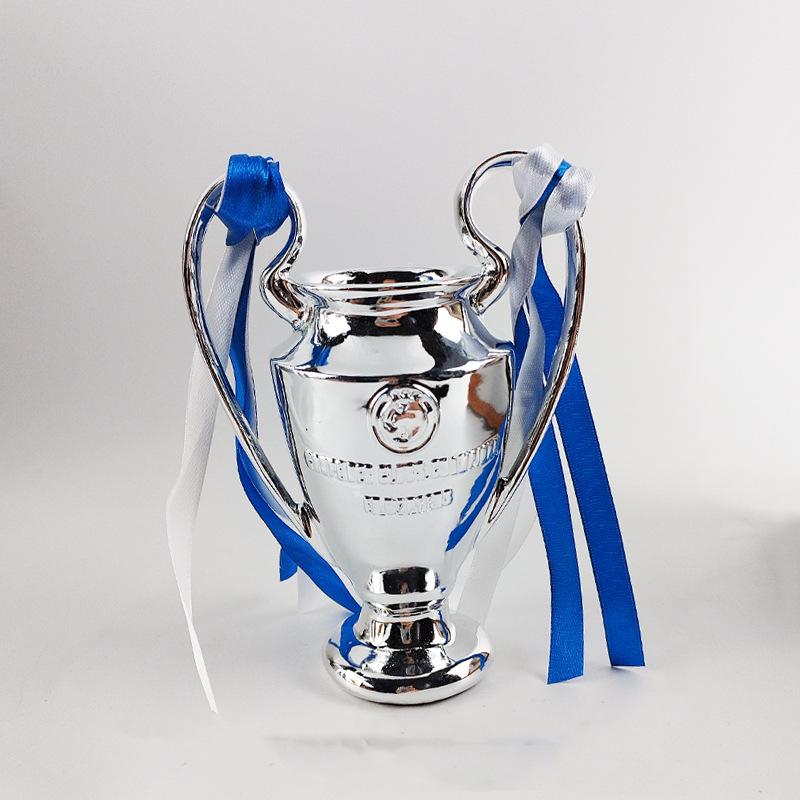 Manchester City Champions League Trophy Replica: Engraved Commemorative Football Resin Ornament 16CM with Ribbon