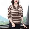 Women's Spring and Autumn Installation New T -shirt Middle -aged Fashion Foreign Lapel Stripe Long -sleeved Long -sleeved Shirt