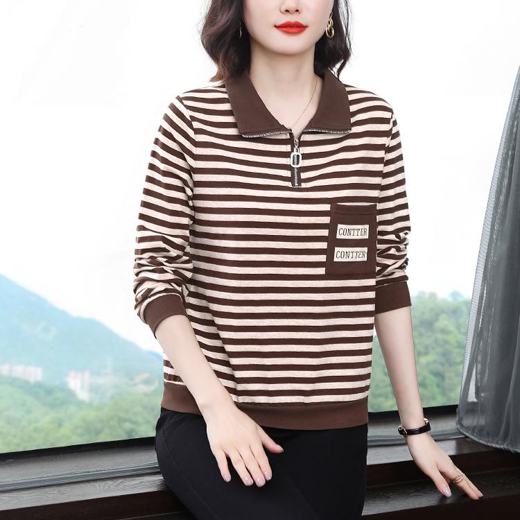 Women's Spring and Autumn Installation New T -shirt Middle -aged Fashion Foreign Lapel Stripe Long -sleeved Long -sleeved Shirt