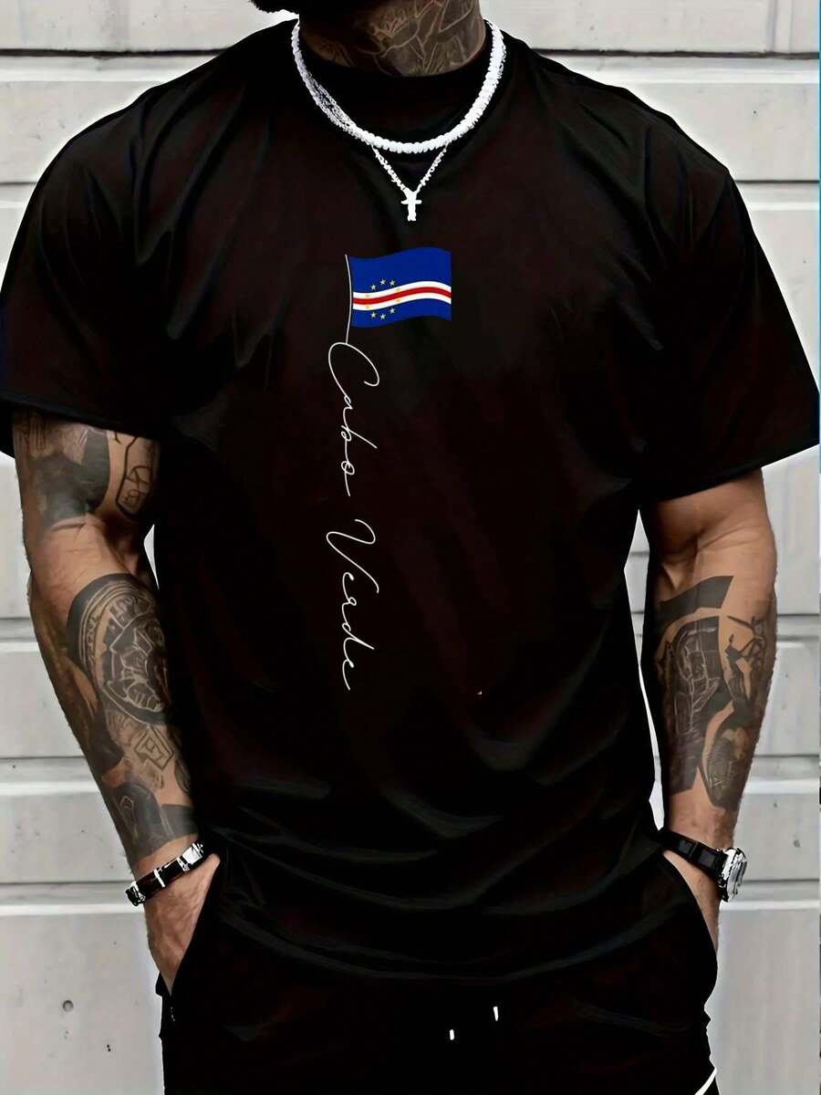 100% Cotton Cabo Verde Signature Flag Pole Patriotic Cape Verdean Flag T-Shirt Women s Men s Graphic S разноцветный