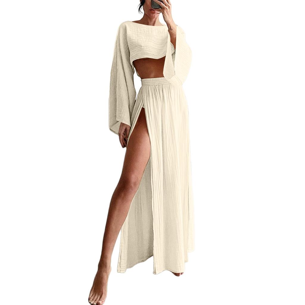 Costum din două piese pentru petrecere a timpului liber pentru damă, cu talie înaltă, din bumbac și in