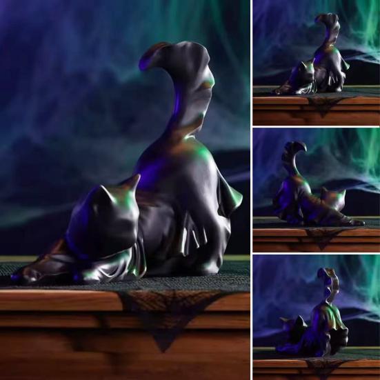Black Ghost Cat Statue Resin Halloween Ghost Cat Figurine Gothic Feline Sculpture for Home Mantel Cabinet Decoration