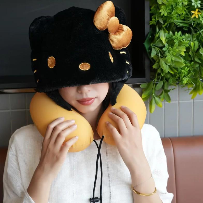 Cartoon Cat Ice Silk Memory Foam U-Shaped Travel Neck Pillow чёрный