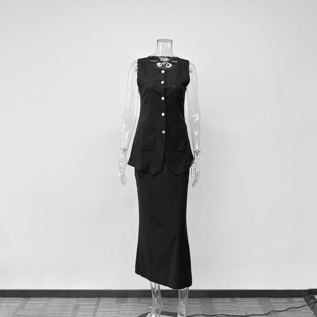 Capable Solid Color Linen Blend Micro-Elastic Vest & Long Dress Two-Piece Set - Summer/Autumn for Work or Casual Wear
