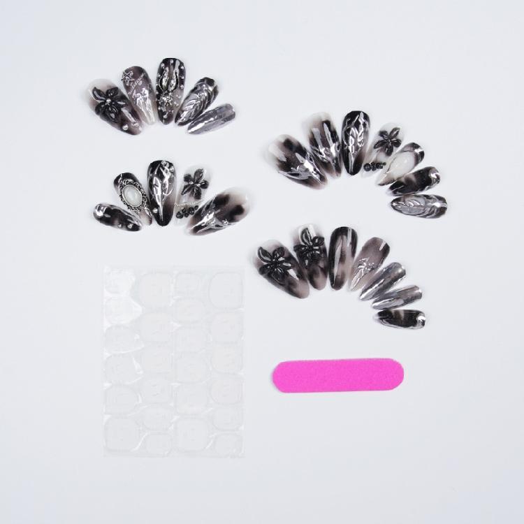 DIY Manicure Set Press On Manicure In Gothic Black Silver, Long Almond Shape, 12 Sizes, Adhesive Tabs and File for Dress-Up Looks At Home