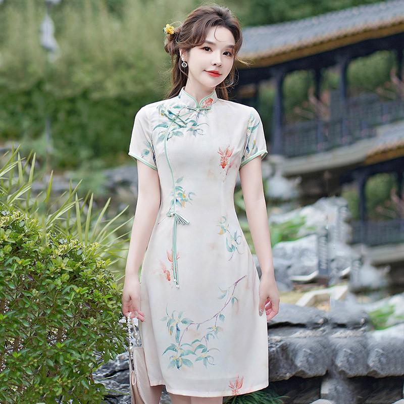 Short Vintage Chinese-Inspired Dress Women Round Neck Sleeveless-Style Midi With Rolled Hem