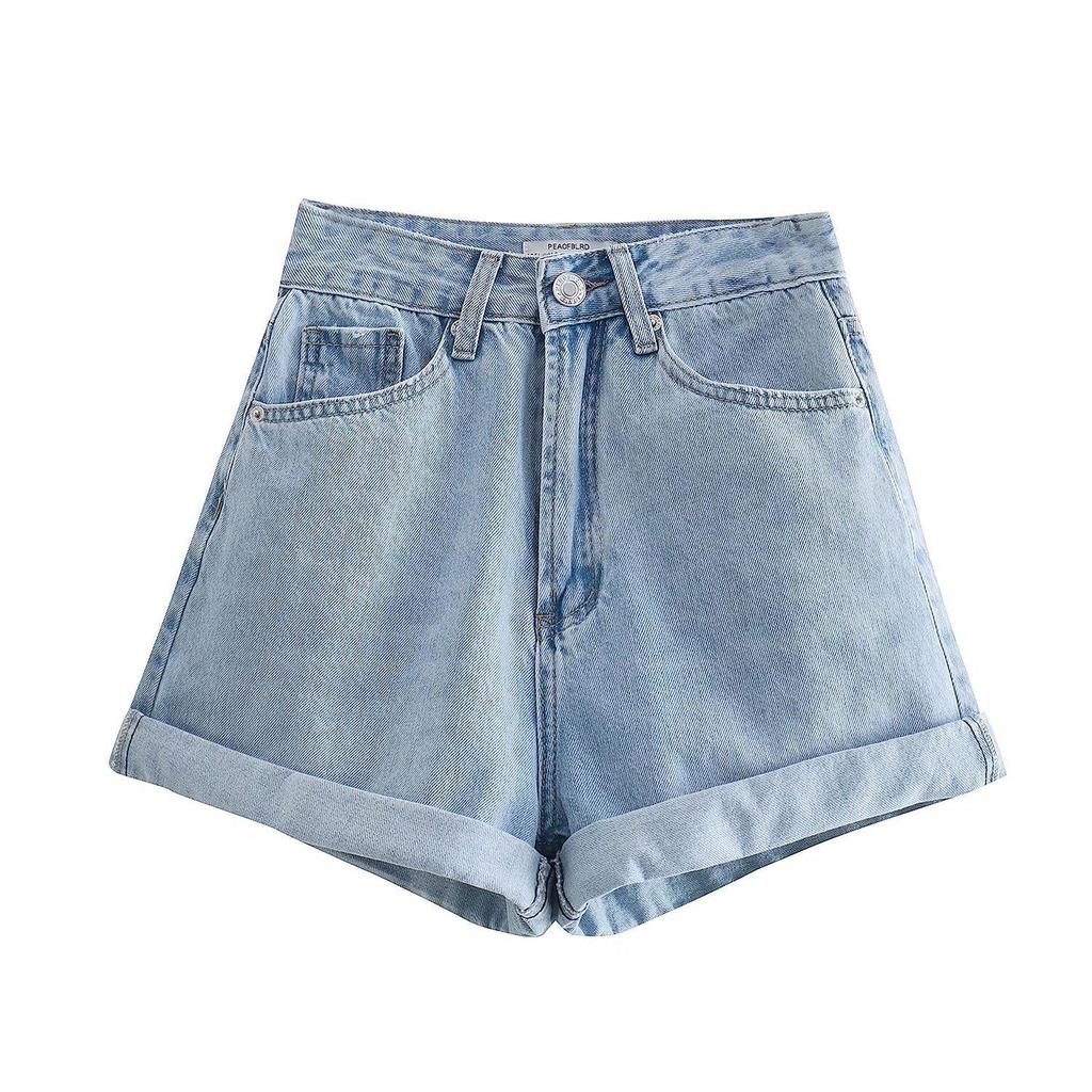 High-Waisted French Style Rolled Hem Denim Shorts