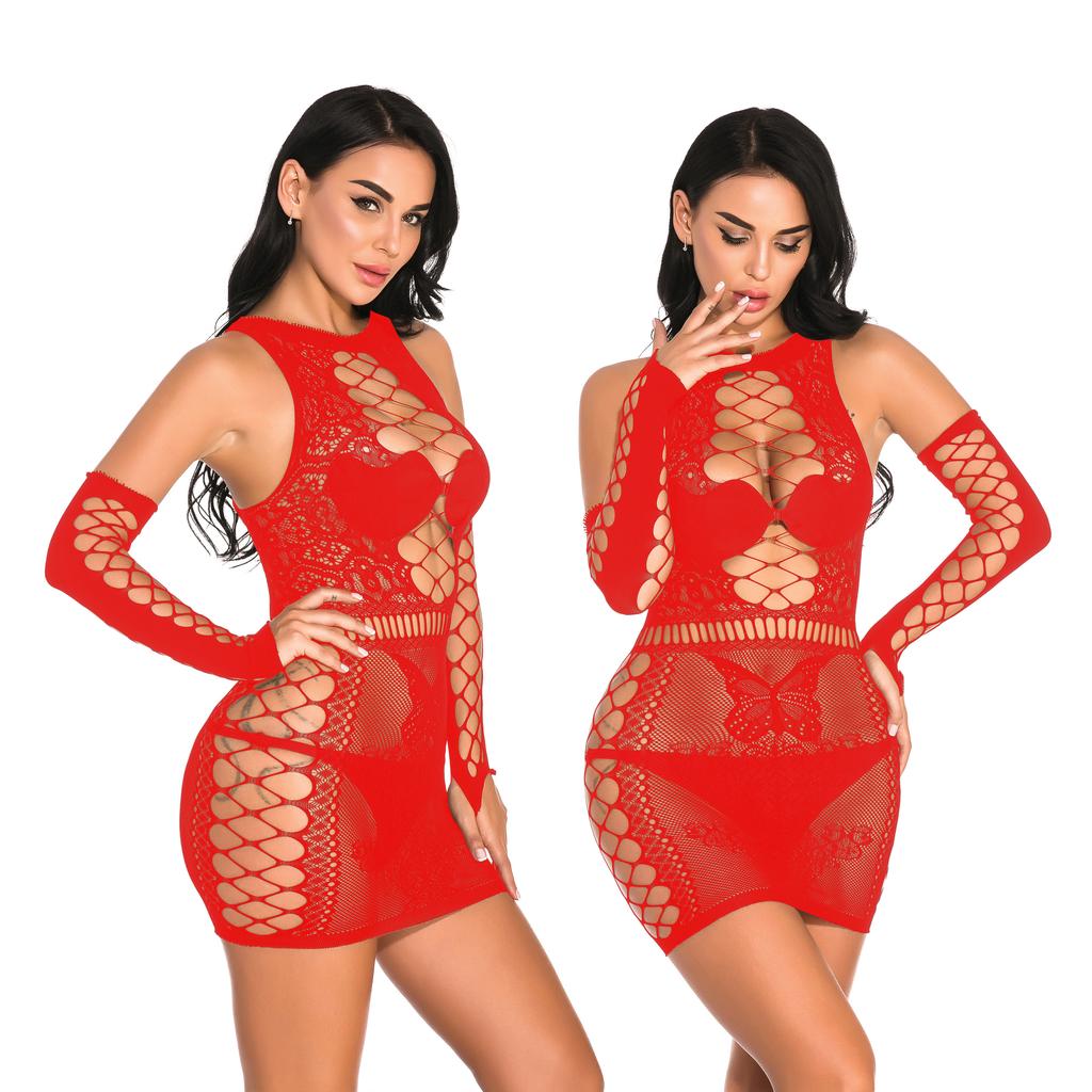 Valentine's Day Sexy Mesh Black Long Sleeve Dress Lingerie for Women Hollow out Decoration Buy Ladies' Elegant Lace Lingerie
