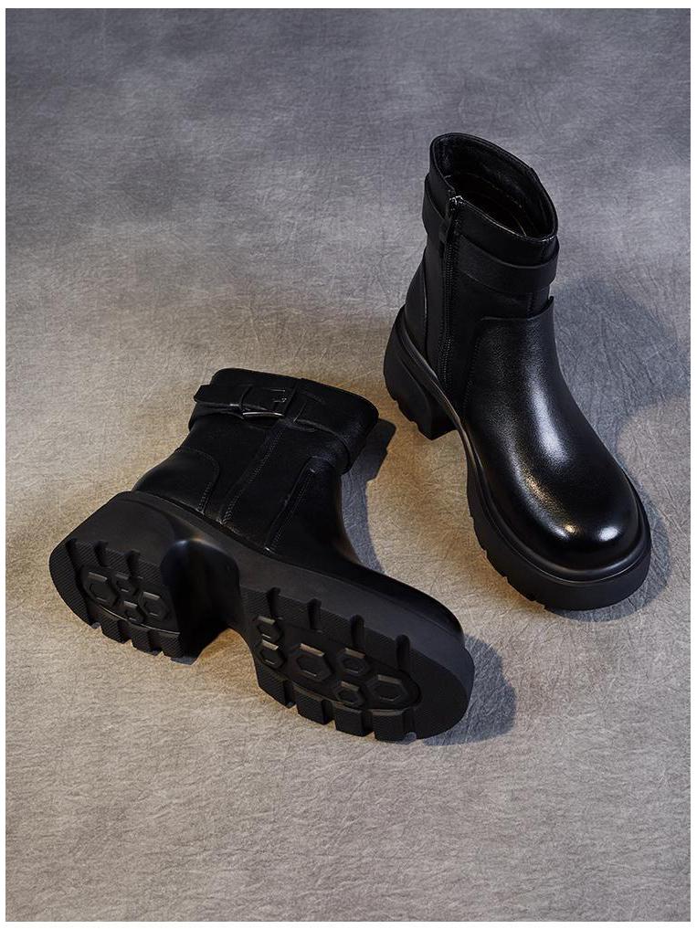 Women's Thick-Soled Leather Chelsea Boots – Autumn/Winter British Style with Round Toe and Buckle detailing.