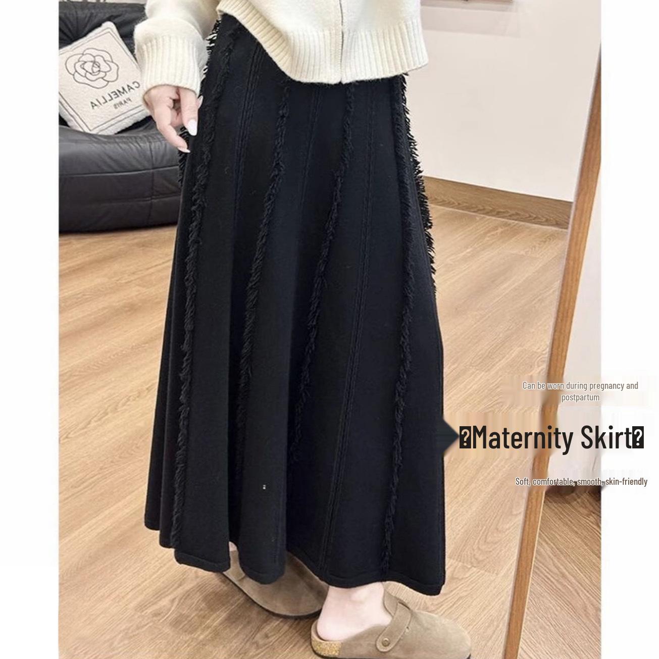 

Trendy Tassel A-Line Maternity Skirt - Soft Knit for Spring/Autumn M чёрный
