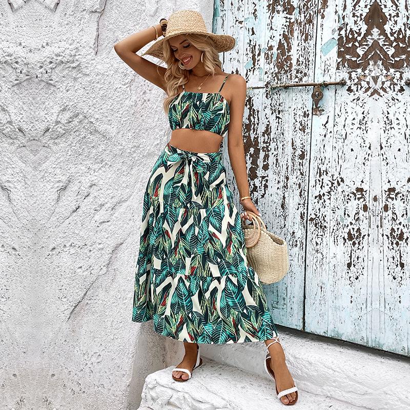 JKASHDK Women's Fashion Casual Feather Print Summer Spring Sleeveless Suspenders Skirt Suits