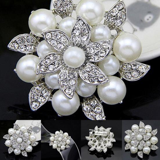 Elegant Flower Rhinestone Imitation Pearl Wedding Bridal Scarf Brooch Pin Gift