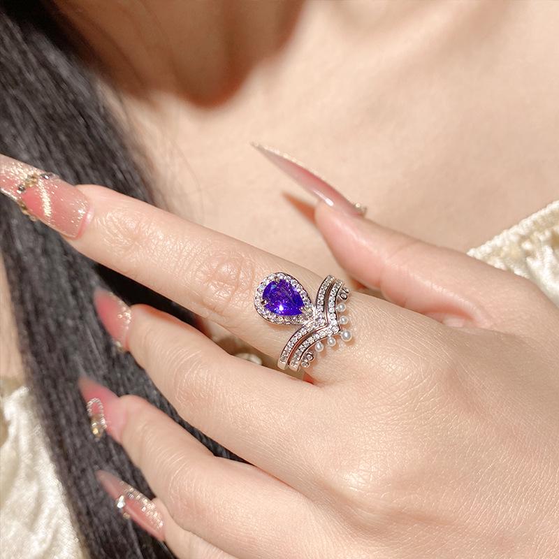 Clear Sky S925 Silver V-Crown Yellow Zircon Drop Ring: Luxury Stackable Double Layer Women's Ring