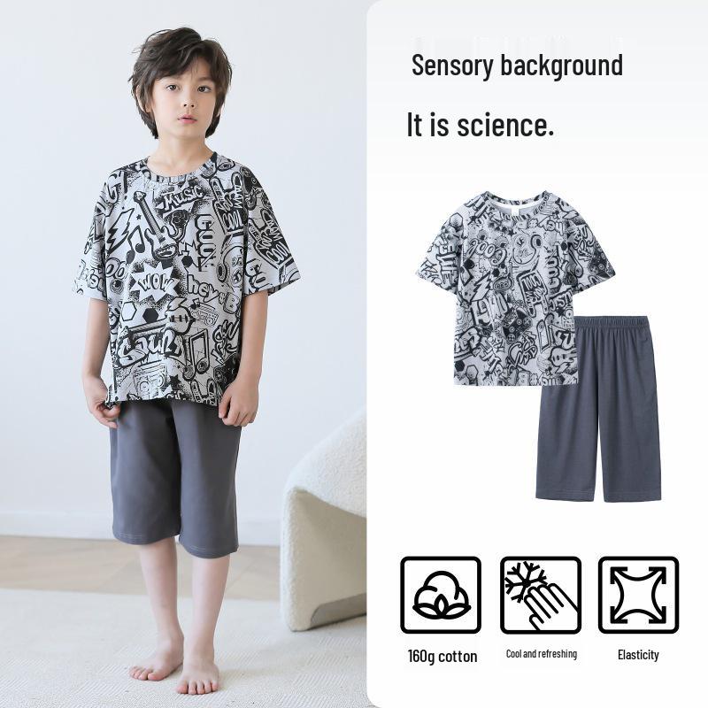 Lulu Cow Boys Summer Short Sleeve Pajamas - Pure Cotton for Kids & Teens 110cm (Recommended height: 105-115cm, Size 8)