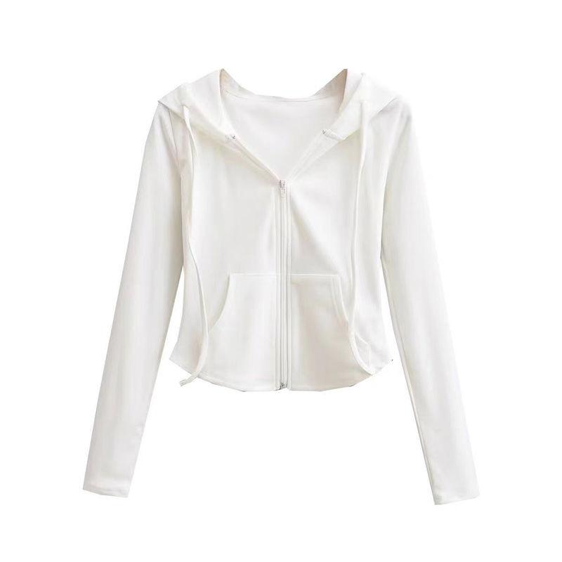 Women‘s Hooded Long Sleeve Slim Fit Zip Up Cardigan Solid Cropped Jacket Top