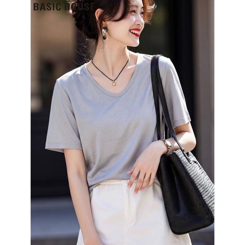 Basic House Women s V-Neck Silk Blend Short Sleeve T-Shirt 2XL