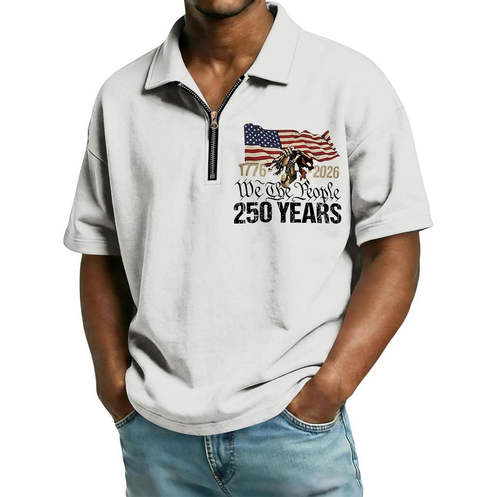 Men's Casual Loose Fit Polo Shirt Short Sleeve Top with Flag and Letter Print Zipper Collar Comfortable Summer Wear