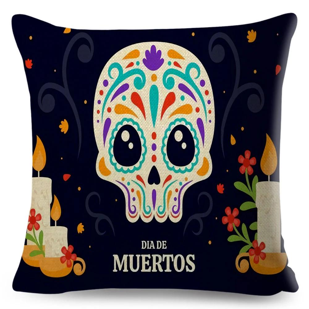 Day Of The Dead Pillowcase Decor Cartoon Mexico Flower Skull Print Cushion Cover for Sofa Home Polyester Pillow Case 45x45cm