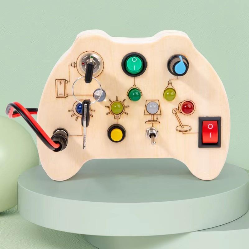 Wooden busy board circuit LED light simulation socket switch unlocking teaching aids life skills cognitive toys