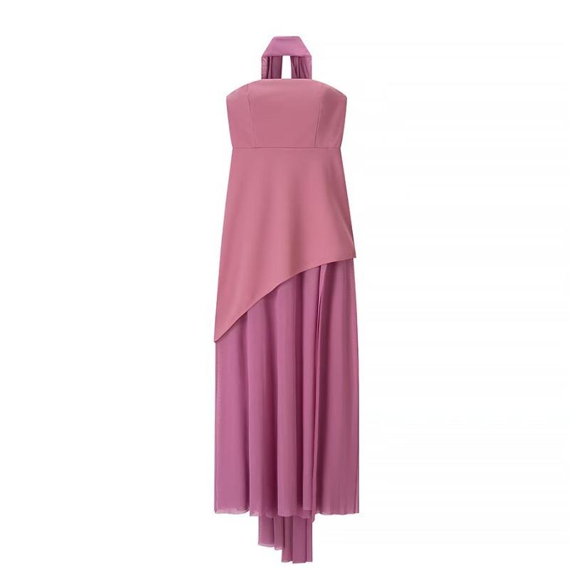 Spot Women's New Fashion Lace-up Scarf Tube Top Mesh Splicing Pendulum Dress