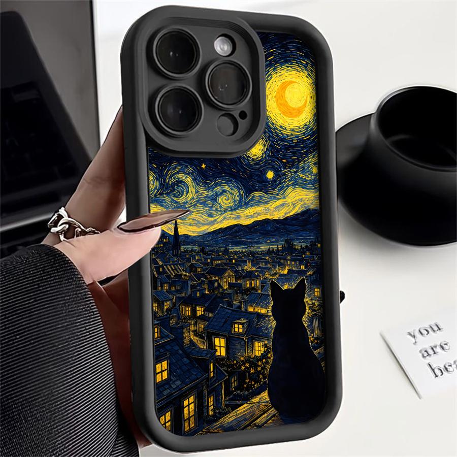 Coque Chat Étoile Nuit Noire pour iPhone 17 Pro Max 16 17e 11 15 Plus 12 Pro 14 Air 13 Housse de Téléphone
