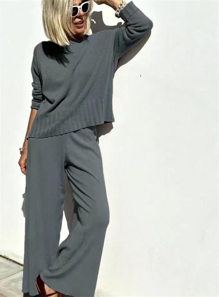 Spring 2025 Elegant Knit Wide-Leg Pants & Sweater Set - Casual Two-Piece Ensemble