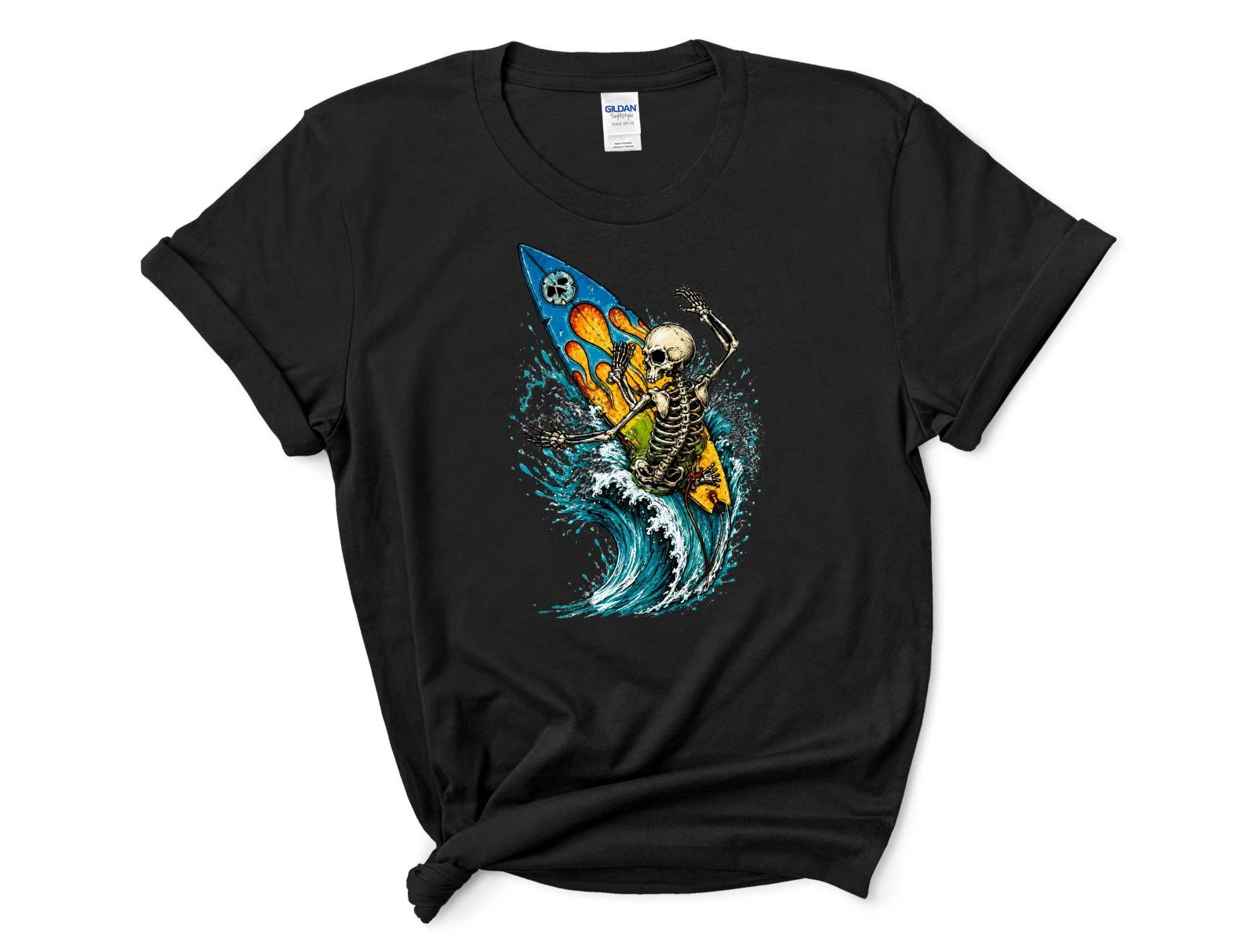 Skeleton Surfer T-Shirt Surfing Skull Beach Wave Graphic Summer Tee XL