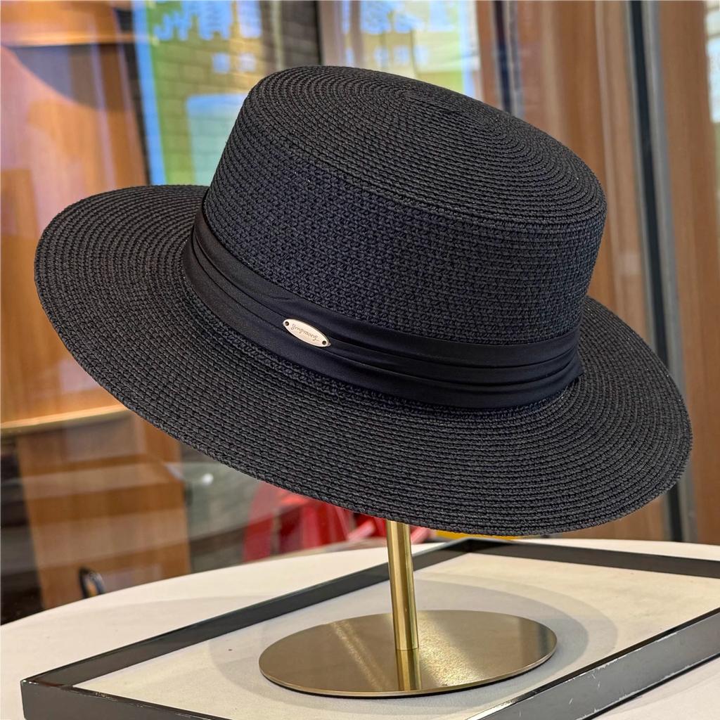 Celebrity Style Flat Top Straw Hat Women's Spring and Summer New Flat Top Top Hat Elegant Satin Temperament Straw Sun Hat