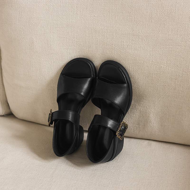Krazing Pot Microfiber Fashion Thick Med Heels Peep Toe Shoes Metal Buckle Summer Size 43 Size 42 Platform Women Sandals