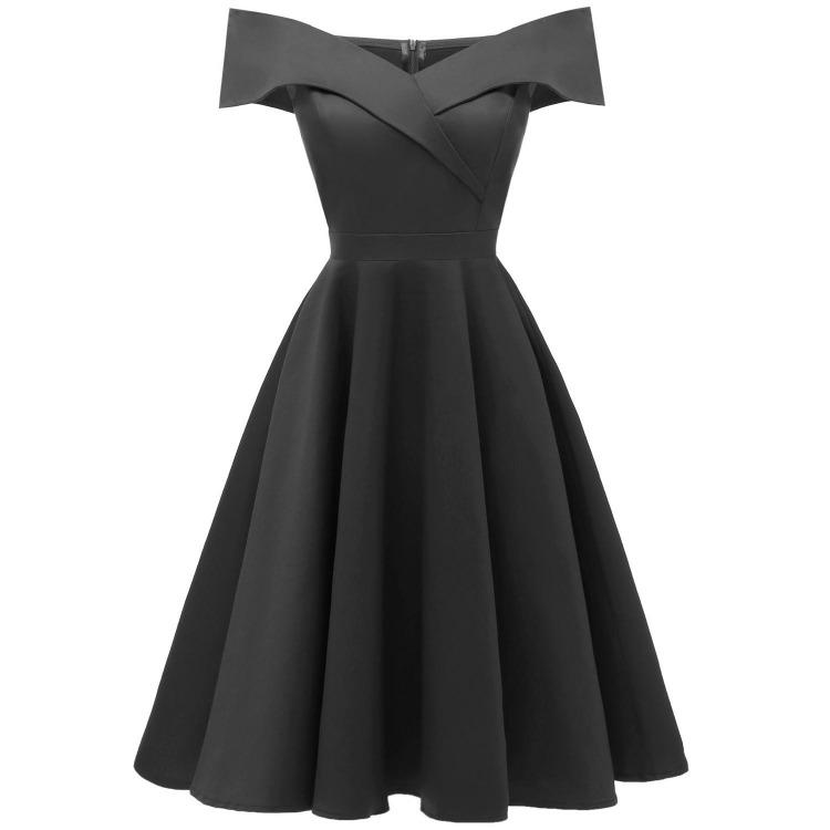 Vintage Off Shoulder Bardot Little Black Dress Women Sateen Skater Midi Prom Evening Party Cocktail Wedding Guest Classic Occasion Outfit