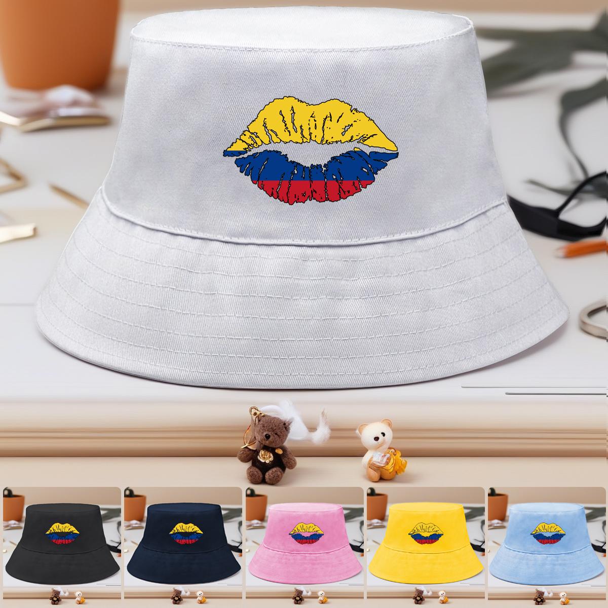 

National Flag of Colombian Lip Mouth Print Bucket Hat , Patriotic Fisherman Cap Beach Wide Brim Sun Protection Basin Cap as the picture білий