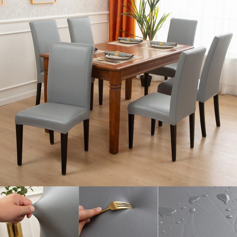 Waterdichte Oliebestendige Massieve PU Leer Stretch Eetkamerstoelhoezen Universele Slipcover Beschermer 2 COVERS