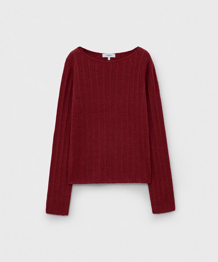 MONGDOL Boat Neck Alpaca Ribbed Knit Top Red Mdkt118Red