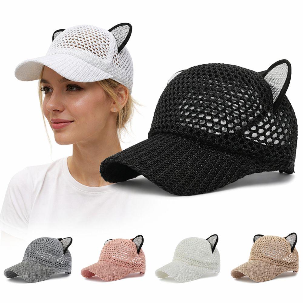 Cute Cat Ears Baseball Cap Hollow Design Diamond Decor Sun Hat Breathable Simple Peaked Cap Unisex Outdoor