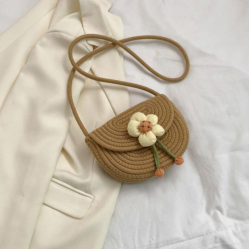 Chic Summer Cotton Woven Mini Saddle Bag With Trendy Flower Pattern For Women коричневый