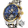 OLEVS Men's Automatic Mechanical Watch Blue and Gold Skeleton Design Waterproof Business Dress with Luminous Features