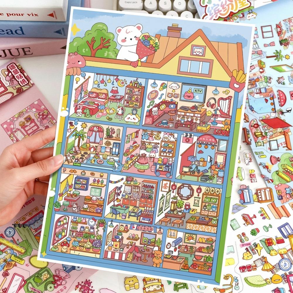 Little Bear Colorful House Series Miniature Landscape Sticker PET DIY Cabin Scene Sticker Cartoon Stress Relief